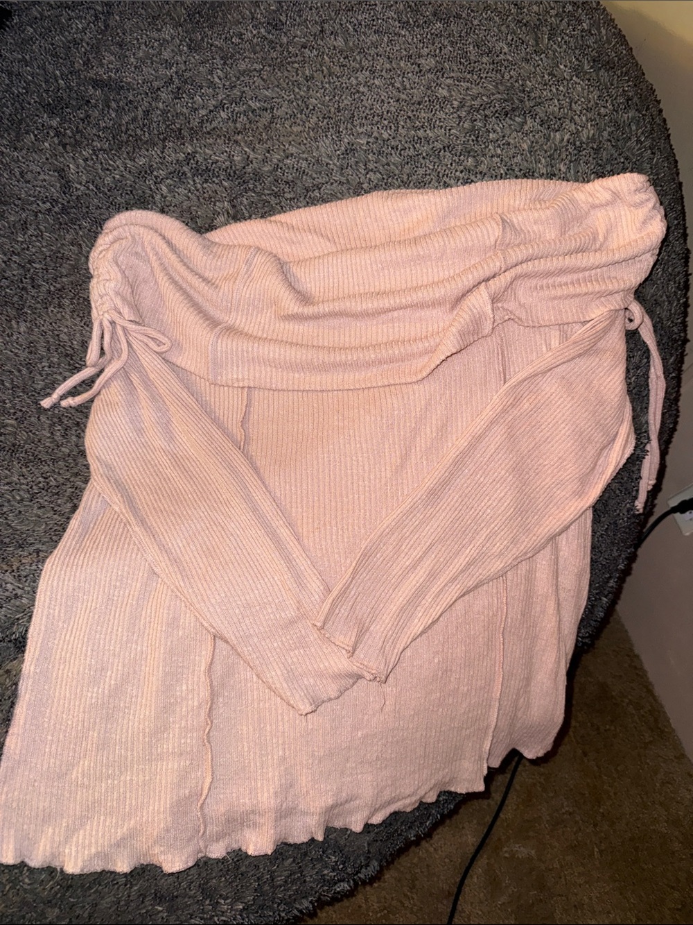 Ribbed Off-Shoulder Sweater with Tie-Sleeve Detail in Blush
